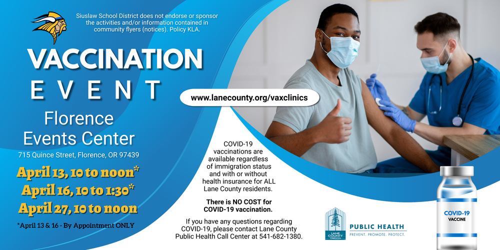 Vaccination Event at Florence Events Center April 13, 16, and 27