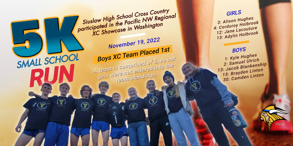 Congratulations, SHS Cross Country!​ ​Our Siuslaw High School Cross Country participated in the Pacific NW Regional XC Showcase in Washington this weekend. The boys team placed first and for the second year in a row, they were named the champions! We were shy one member for our girls so were unable to compete as a team; however, they did well individually, too!   Boys:  1: Kyle Hughes 2: Samuel Ulrich 13: Jacob Blankenship 15: Brayden Linton 30: Camden Linton  Girls:  3: Alison Hughes 4: Corduroy Holbrook 12: Jane Lacouture 13: Adylin Holbrook