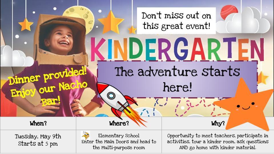 ​Siuslaw Elementary School Kinder Kick Off  If you have a child that will be starting Kindergarten in the fall please join us Tuesday, May 9 from 5 to 6 p.m.