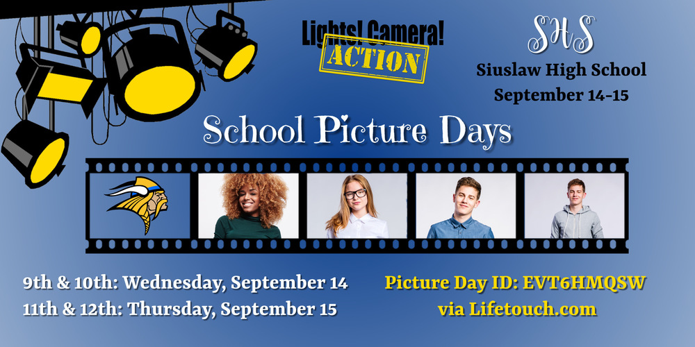 Just a reminder that Picture Days for the high school are September 14 and 15. The order code is  EVT6HMQSW if you'd like to preorder via Lifetouch.com. Picture Day for 9th- and 10th-grade students is Wednesday, September 14. Picture Day for 11th- and 12th-grade students is Thursday, September 15. 