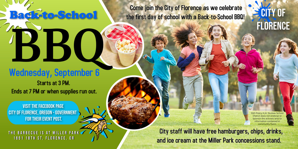 ​It's not quite the end of summer, but the City of Florence is gearing up for the first week back to school! The community is invited to Miller Park (1651 18th Street, Florence, Oregon) to get free hamburgers, chips, snacks, and more on Wednesday, September 6, starting at 3 pm. Stop by, eat some food, and let's celebrate the beginning of a new school year together! Visit the Facebook page City of Florence, Oregon - Government for their event post. 