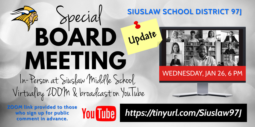 UPDATE:  Special School Board Meeting Notice & Agenda for Wednesday, January 26 at 6 PM