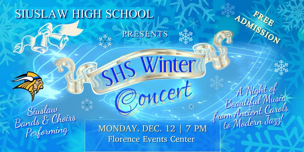 The Siuslaw High School Winter Concert is coming soon. Looking for a sure-fire, low-cost way to ignite your holiday spirit? Look no further! On Monday night, December 12th, at 7 pm on the FEC mainstage, your Siuslaw Bands and Choirs will present their Winter Concert for 2022. It's a full evening of young musicians playing and singing their hearts out for their home crowd. You'll hear ancient carols, modern jazz, and everything in between, and the price for admission is, like all gifts, FREE! Happy Holidays and see you there!