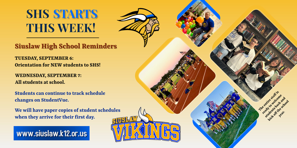 ​On Tuesday, September 6th school starts for all incoming 9th graders. Students from any grade who are new to SHS this year are also invited on Tuesday.  Sophomores, Juniors and Seniors begin on Wednesday September 7th.  Students can continue to track schedule changes on StudentVue. We will have paper copies of student schedules when they arrive for their first day.  The entire staff is ready to welcome students back and kick off the school year.