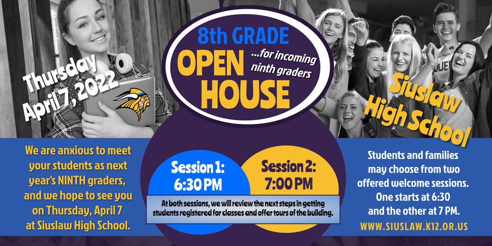 8th Grade Open House for Incoming 9th Graders Thursday, April 7 at 6:30 and 7 p.m. at SHS