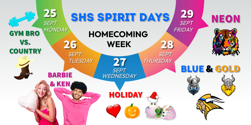 This week is Homecoming Week! We are celebrating the following spirit days:  Monday: Gym Bro vs. Country  Tuesday: Barbie & Ken  Wednesday: Holiday  Thursday: Blue and Gold  Friday: Neon​