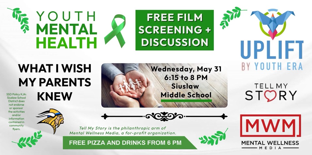 ​We invite all middle school and high school students and their parents/guardians to attend this 'Tell My Story' event about youth mental health on Wednesday, May 31 from 6:15 to 8 p.m. at Siuslaw Middle School. Pizza and drinks will be served at 6 p.m. 