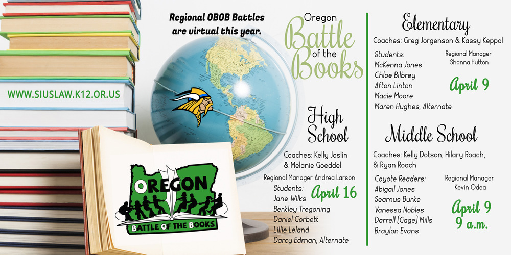 Virtual Regional Oregon Battle of the Books Tournaments April 9 (SES, SMS) and April 16 (SHS)