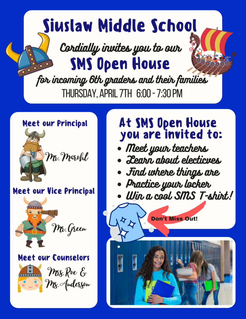 Open House for 6th Graders and their families, Thursday, April 7 from 6 to 7:30 p.m. Meet our principal, vice principal, and school counselors. Also, meet teachers, learn about electives, find where things are, practice opening your locker, and win a cool T-shirt.